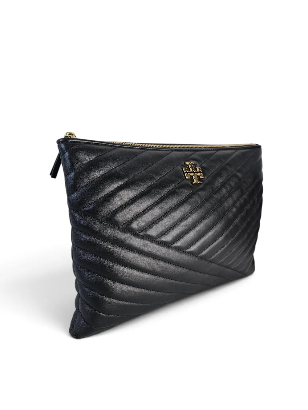 Tory Burch Kira Black Chevron Quilted Leather Zip Clutch Gold Logo